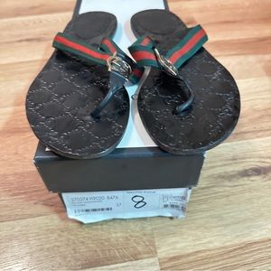 Gucci Brown Leather GG Web Red Green Thong Sandals Women Size 7